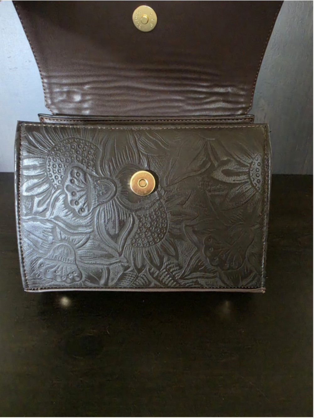 Dark Chocolate Brown Sunflower Embossed Tooled Artisan Leather Crossbody Bag - Picture 10 of 16